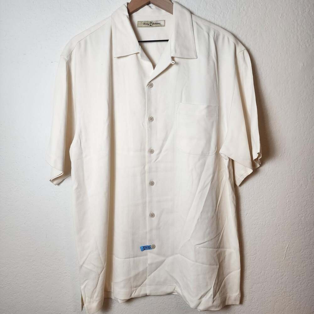 Tommy Bahama Shirt Mens Medium Cream Silk Short Sleeve Herringbone Casual Resort